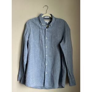 John Nordstrom Men's Long Sleeve 100% Linen Blue Chambray Button Up Shirt Size L